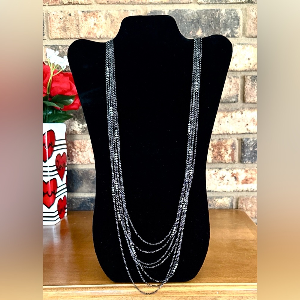 Vintage 7 strand dark silver tone and beaded layered necklace